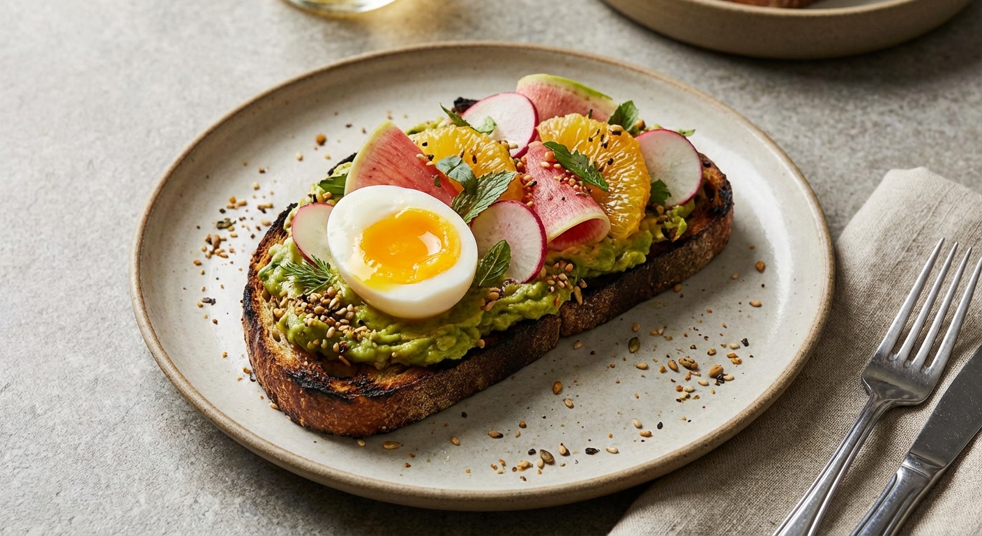 Smoky Avocado Toast with Citrus Radish Salad & Soft‑Boiled Egg