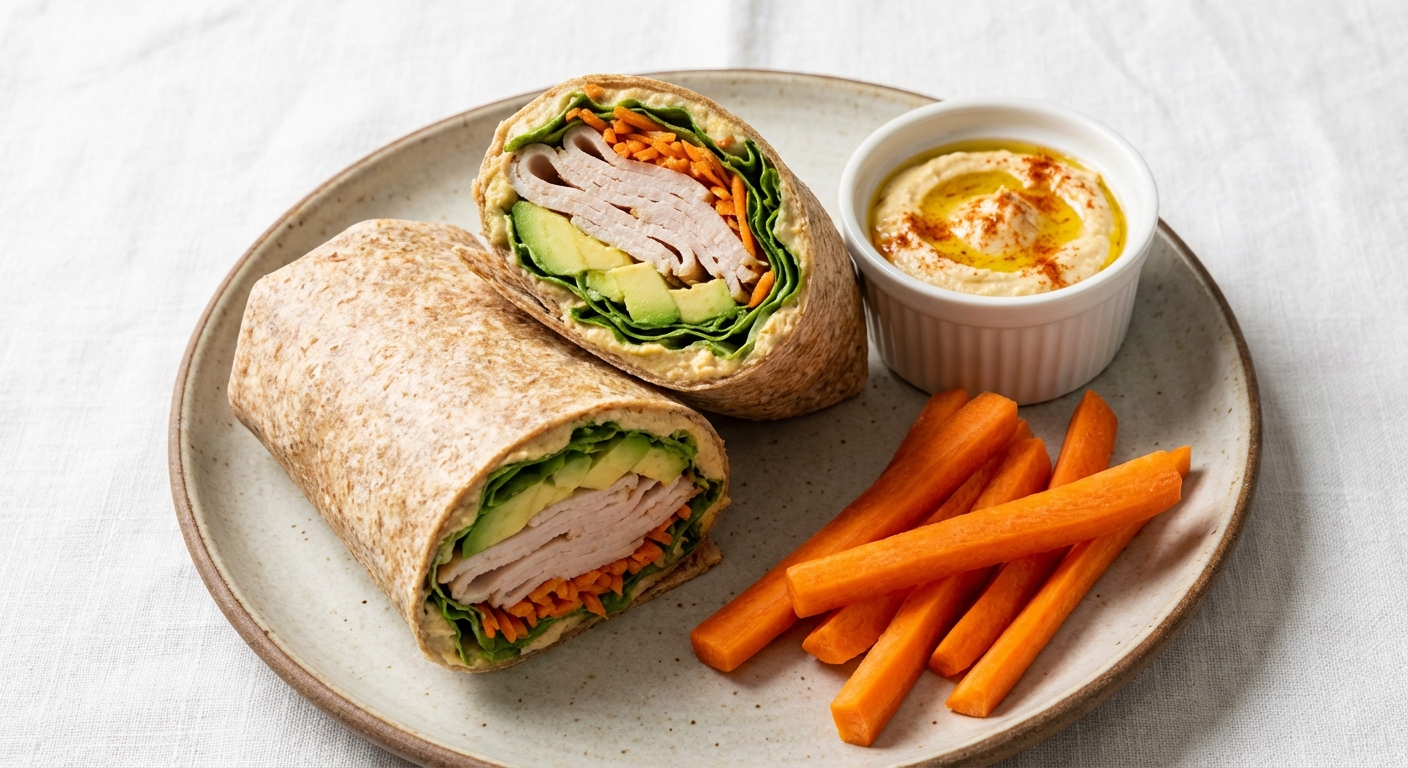 Turkey & Avocado Whole-Grain Wrap with Hummus & Carrot Sticks