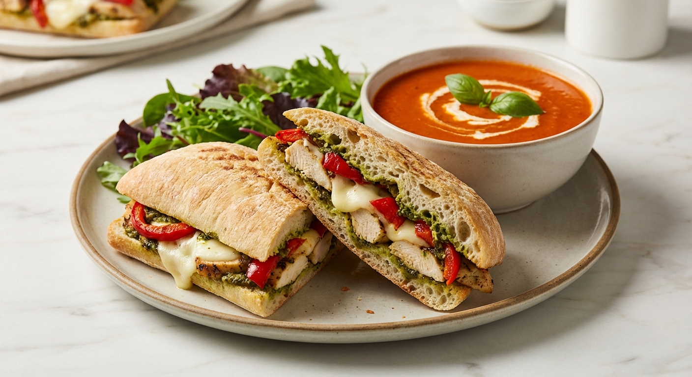 Grilled Chicken Pesto Panini with Tomato Soup