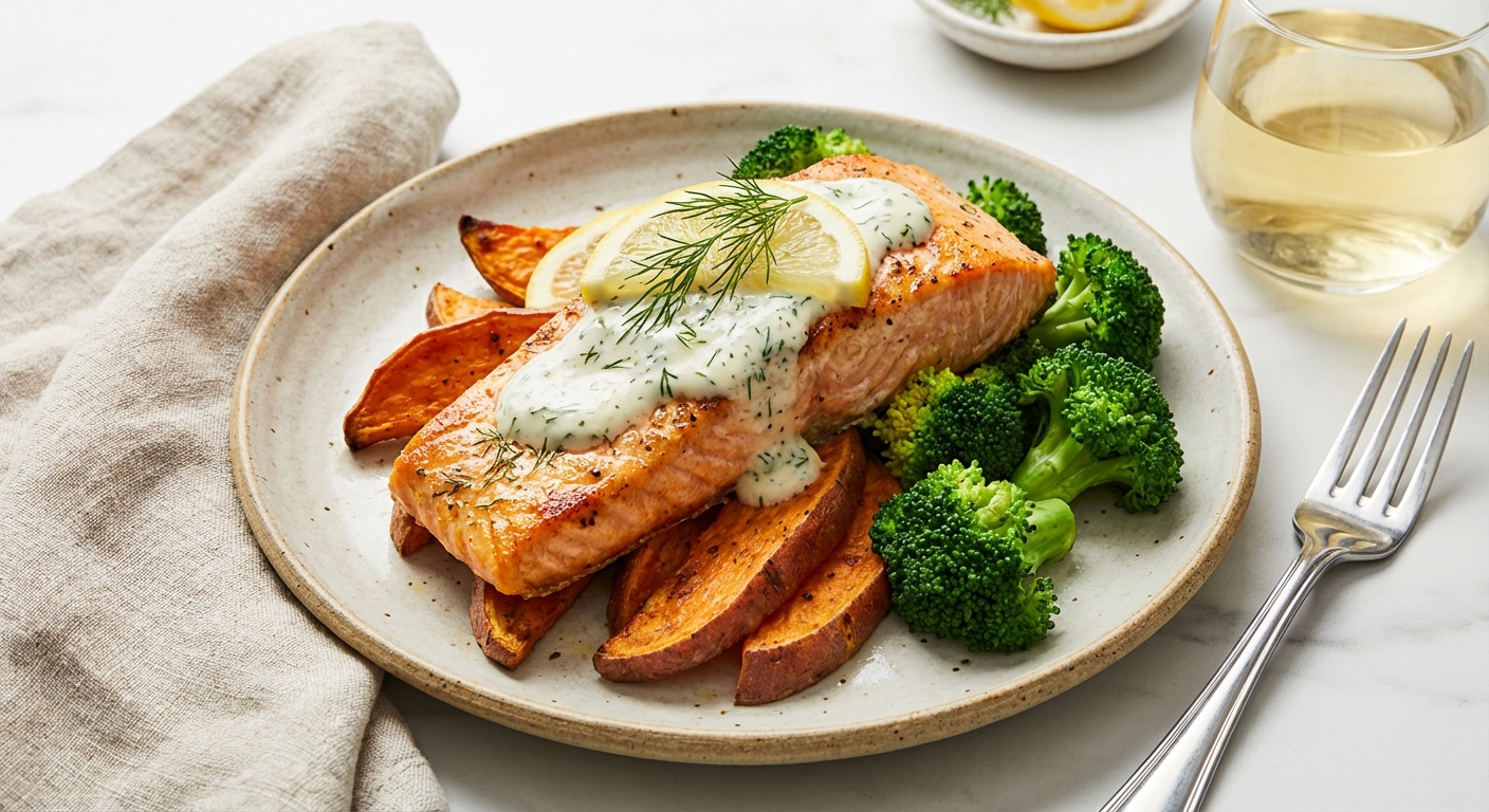 Baked Salmon with Roasted Sweet Potato & Steamed Broccoli — Lemon-Dill Yogurt Sauce