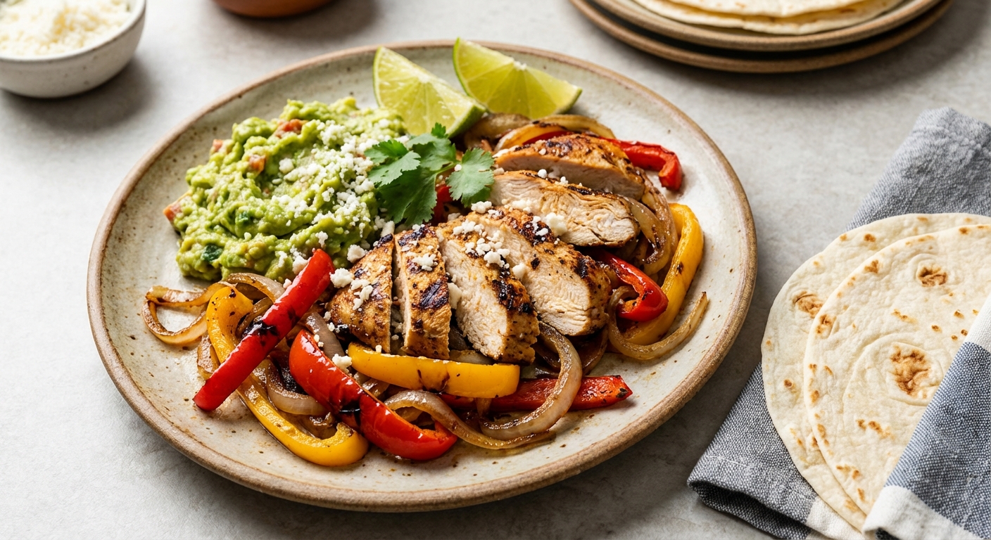 Quick Chicken Fajitas with Bell Peppers, Onions & Guacamole