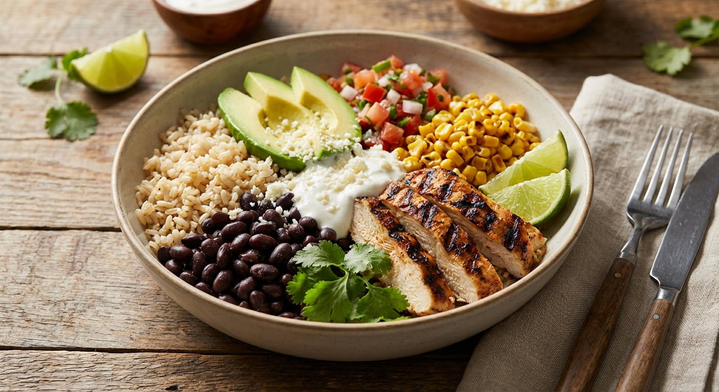 Mexican Chicken Burrito Bowl with Brown Rice and Black Beans
