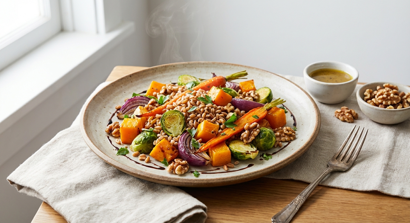 Warm Farro Salad with Roasted Vegetables & Walnuts