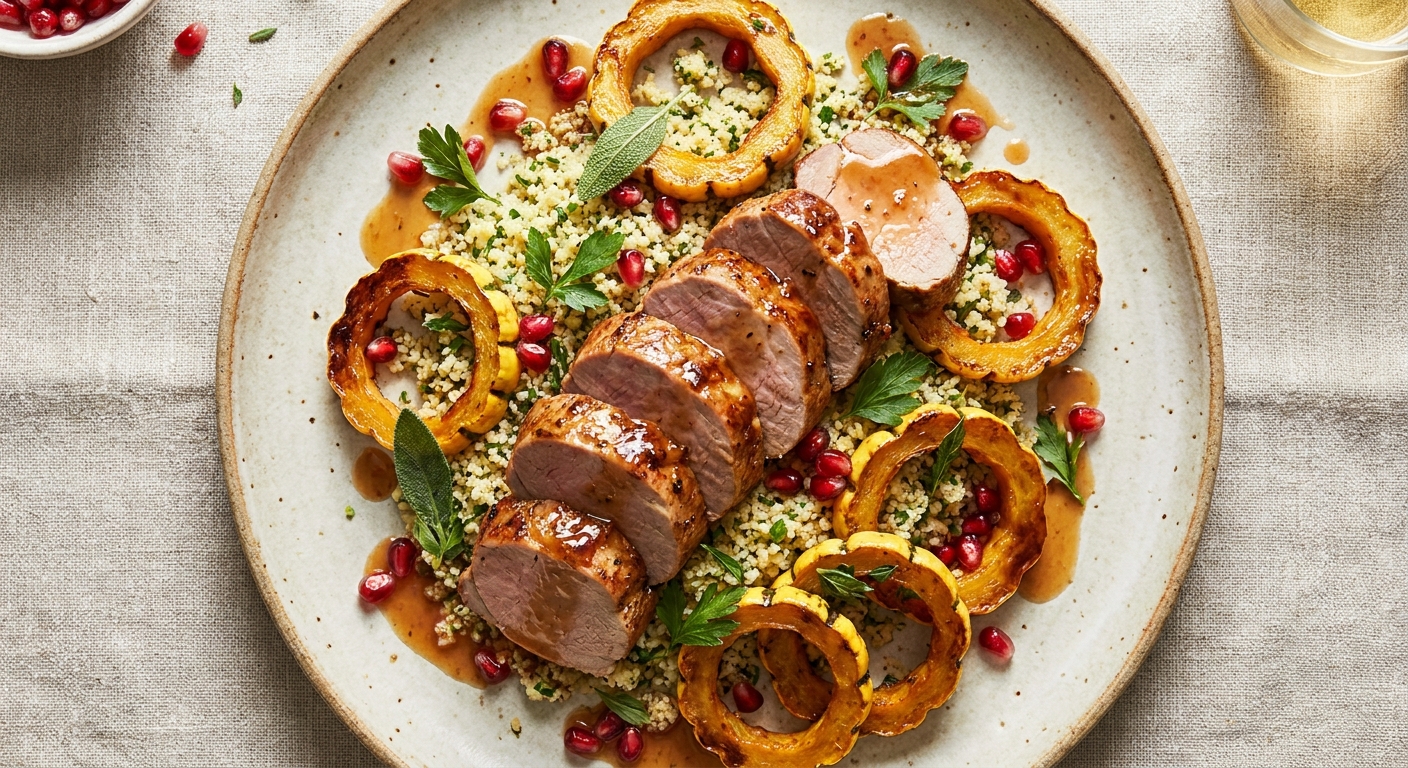 Cider‑Braised Pork Tenderloin with Roasted Delicata Squash & Garlicky Herb Couscous