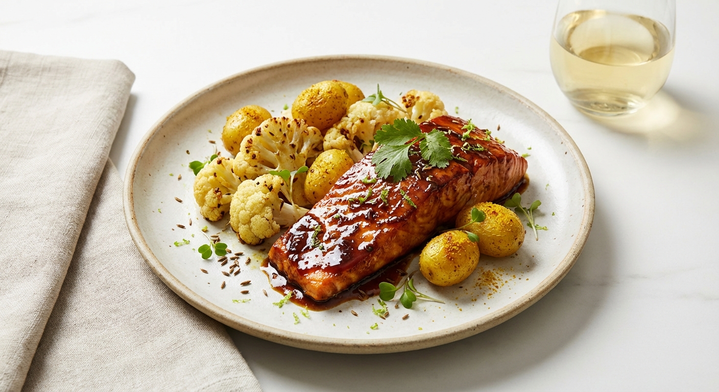 Tamarind-Glazed Salmon with Cumin-Roasted Cauliflower & Turmeric Baby Potatoes