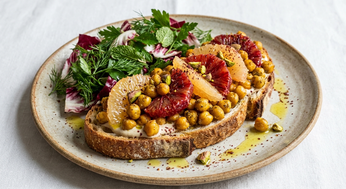 Warm Za'atar Roasted Chickpea & Citrus Toast with Winter Herb Salad