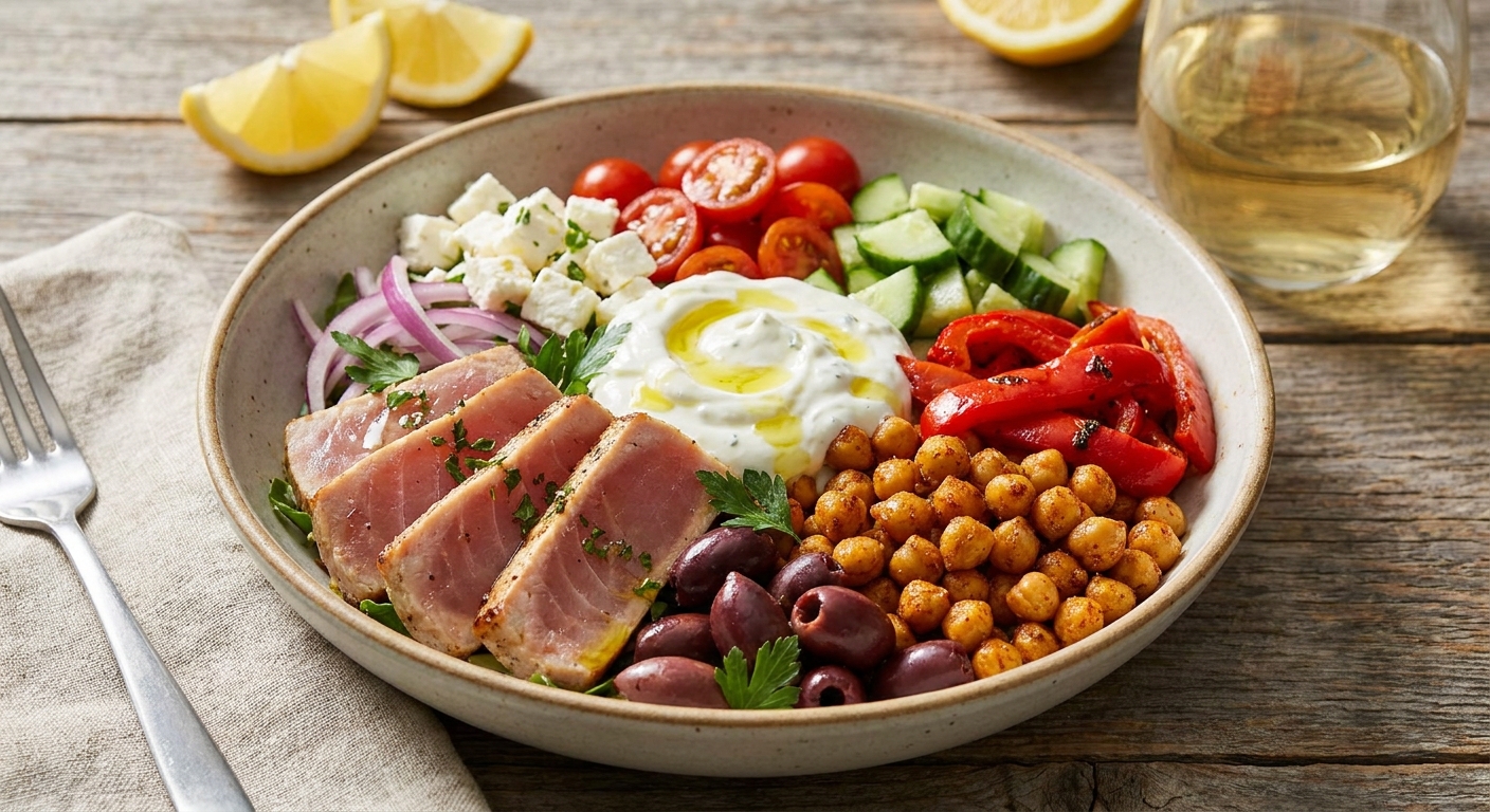 Mediterranean Chickpea & Tuna Power Bowl with Lemon-Garlic Yogurt