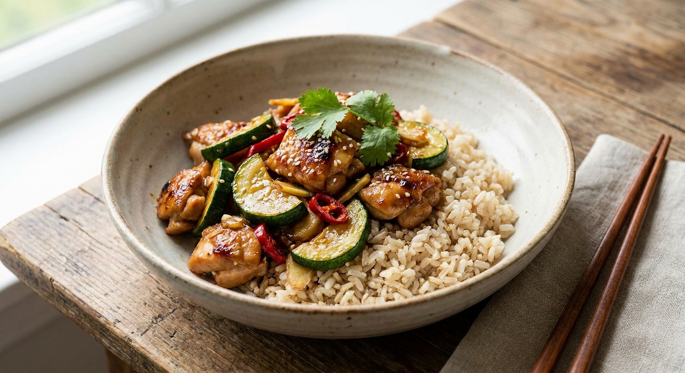 Wok-Stir-Fried Ginger-Chili Chicken with Zucchini and Brown Jasmine Rice