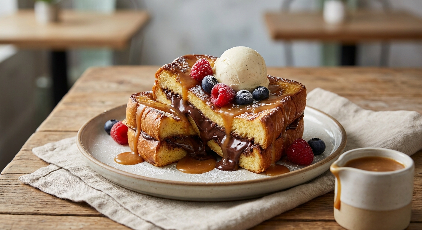 Chocolate-Stuffed Brioche French Toast with Vanilla-Caramel Sauce