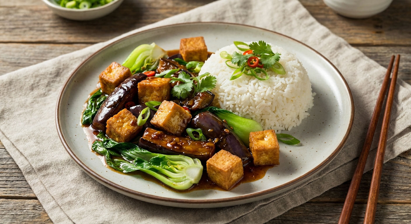 Chinese-Style Braised Eggplant with Crispy Tofu & Bok Choy on Jasmine Rice