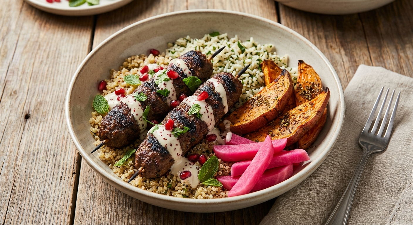 Beef Kebab Bowl with Roasted Sweet Potato & Pickled Turnips