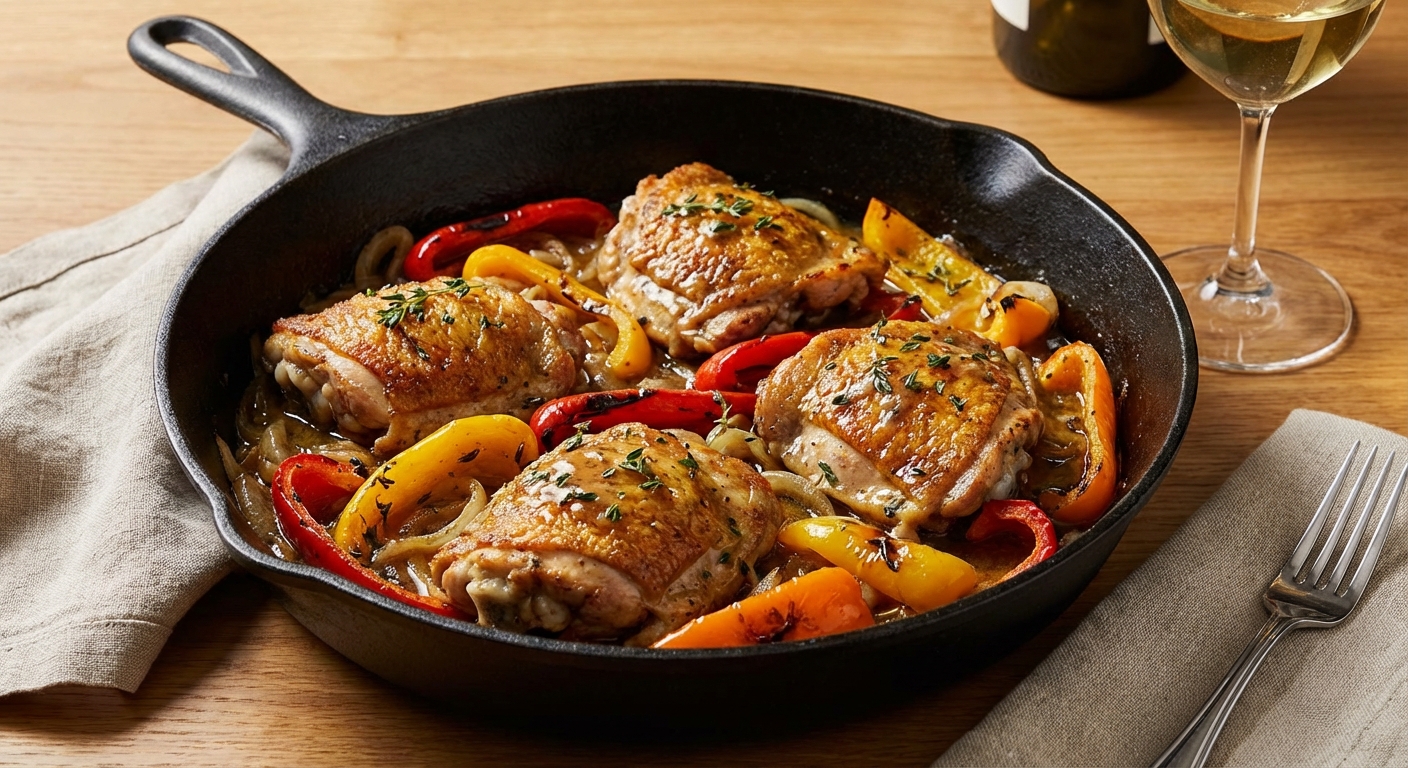 Skillet Seared Chicken Thighs with Roasted Bell Peppers & Caramelized Onions