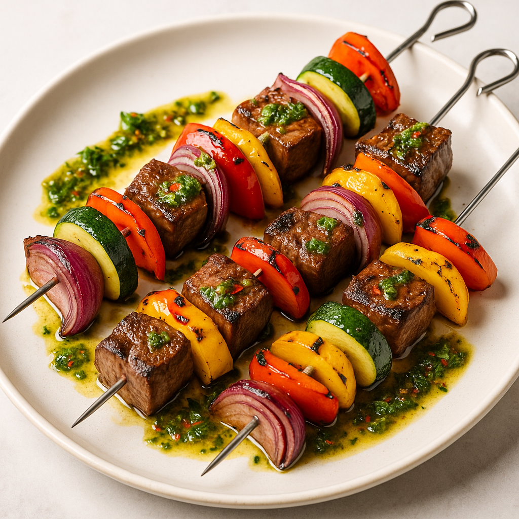 Grilled Vegetable & Steak Skewers with Chimichurri