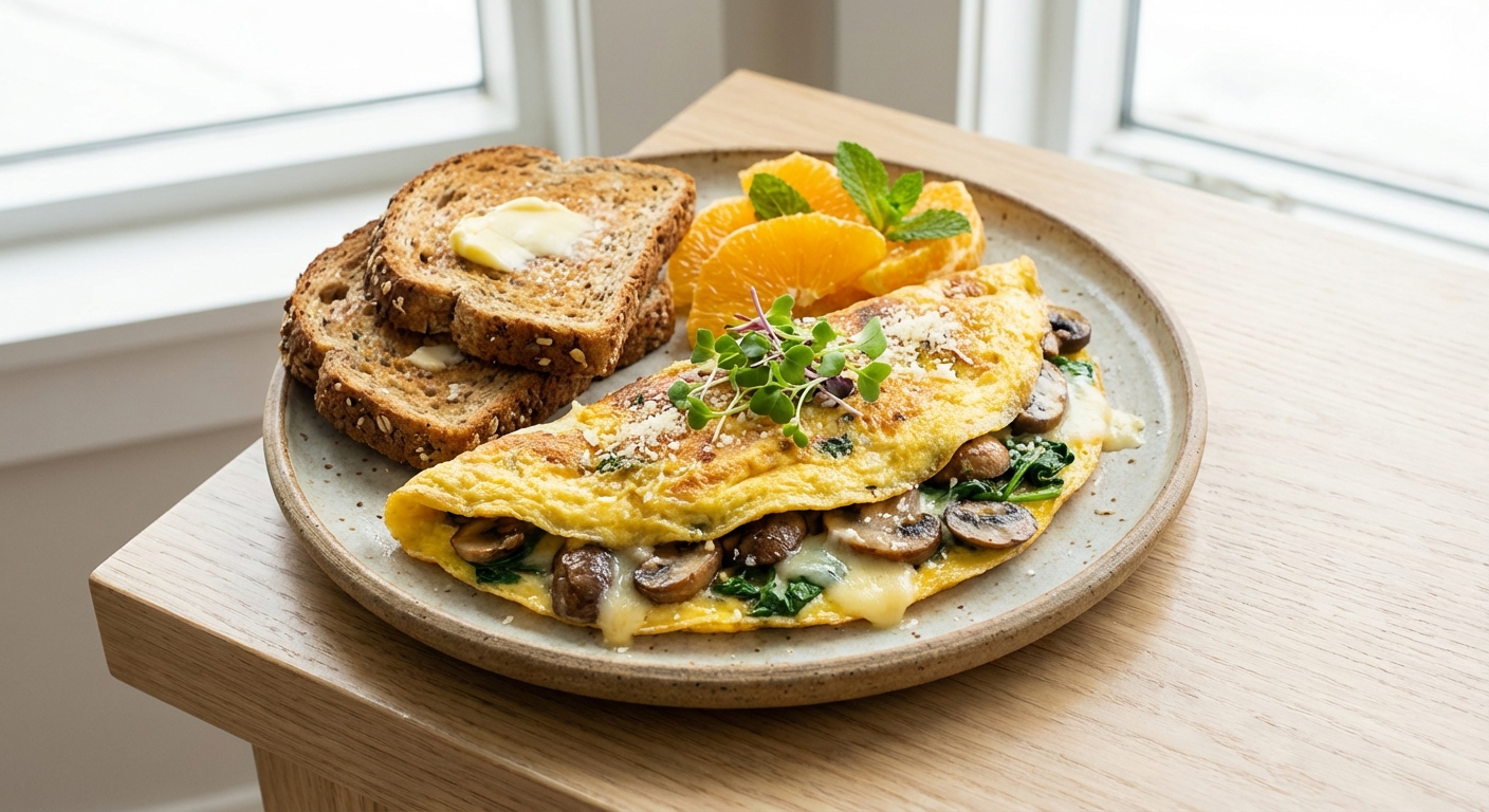 Spinach & Mushroom Omelette with Whole Grain Toast and Orange