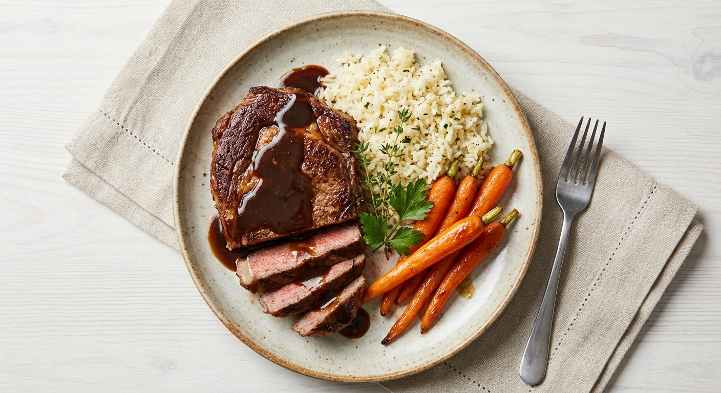 Pan-Seared Steak with Soy-Brown Gravy, Garlic-Butter Rice & Honey-Glazed Carrots