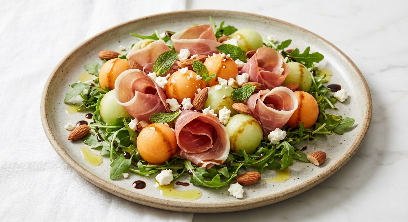Prosciutto & Melon Arugula Salad with Toasted Almonds