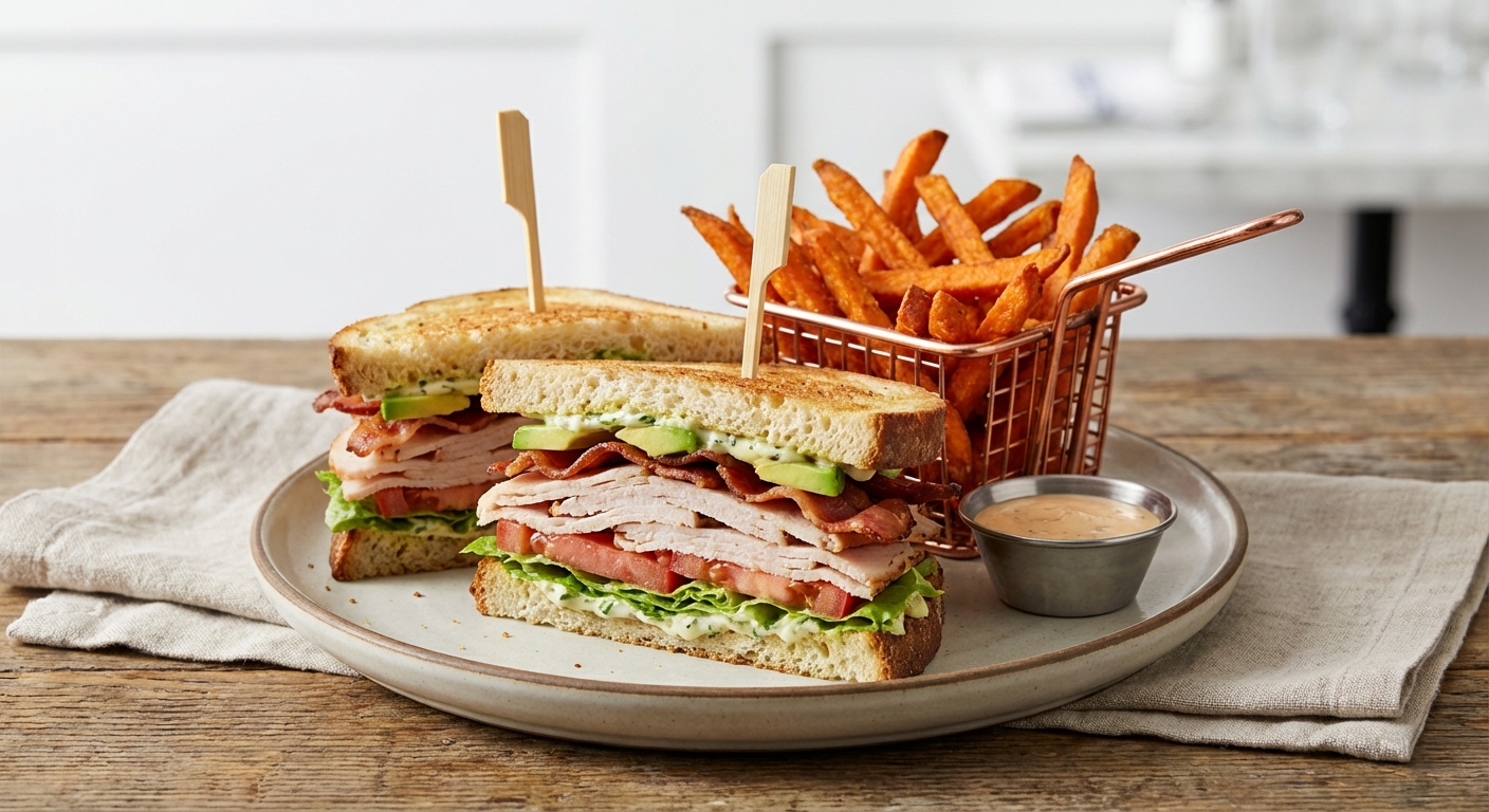 Turkey & Avocado Club with Sweet Potato Fries