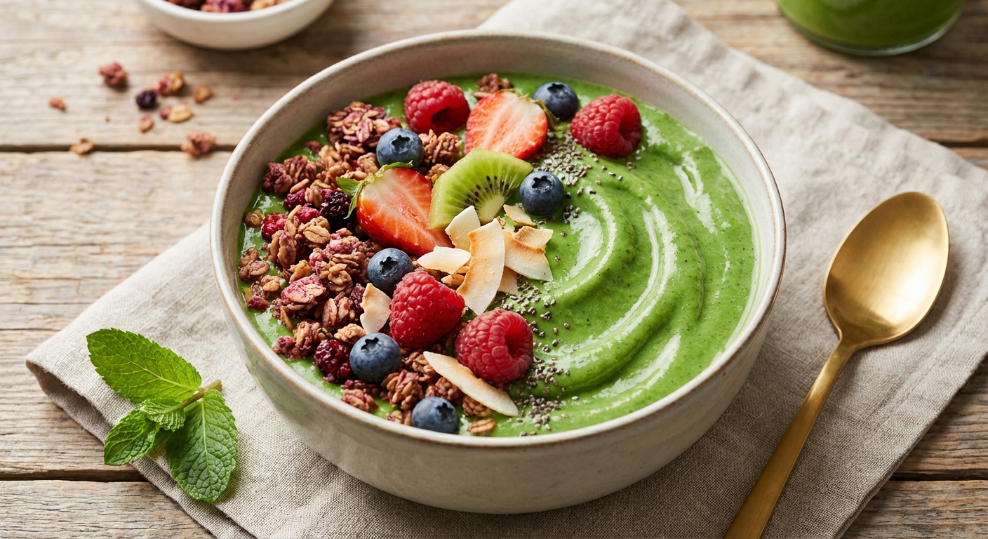 Vibrant Green Smoothie Bowl with Berry Granola