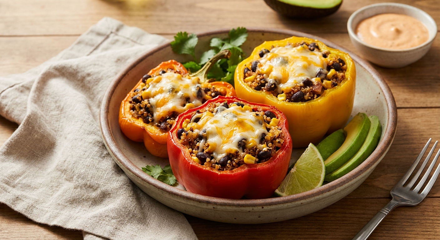 Quinoa and Black Bean Stuffed Bell Peppers with Melted Cheese