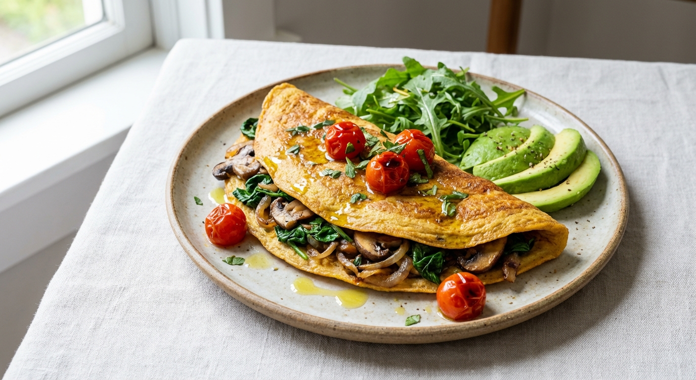 Savory Chickpea Flour Omelette with Spinach & Mushrooms