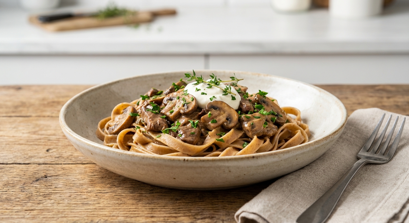 Beef & Mushroom Stroganoff Over Whole-Wheat Pasta