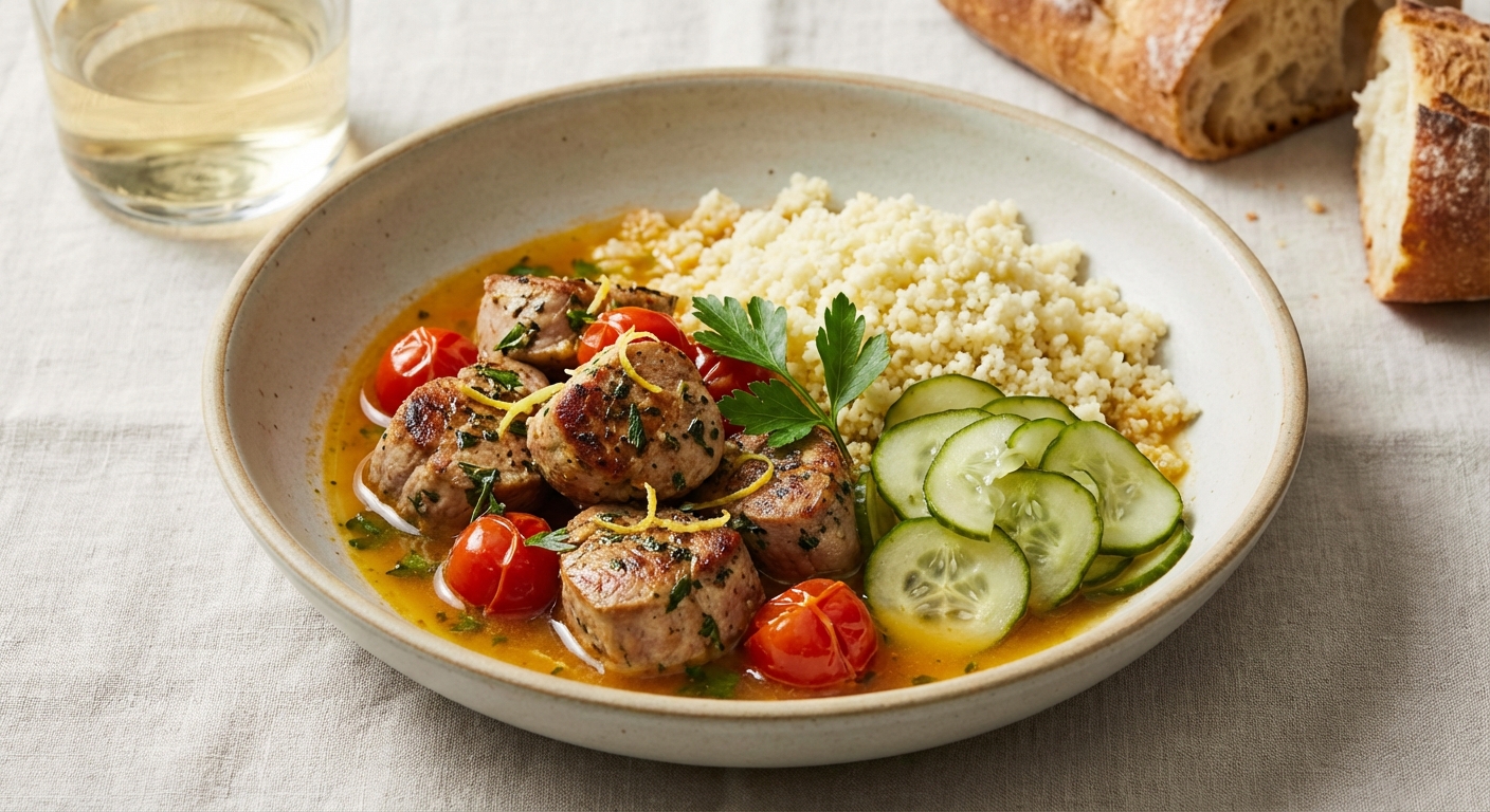 Quick Braised Pork Tenderloin Bites in Lemon–Tomato Herb Broth with Cauliflower Couscous and Pickled Cucumber