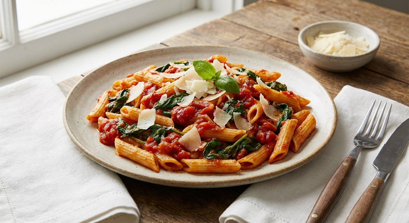 Penne al Pomodoro with Baby Spinach & Parmesan