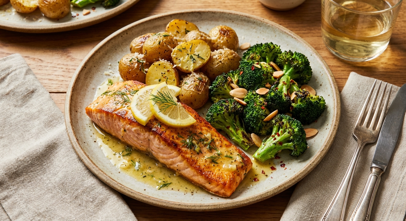 Lemon-Garlic Salmon with Roasted Baby Potatoes & Broccoli