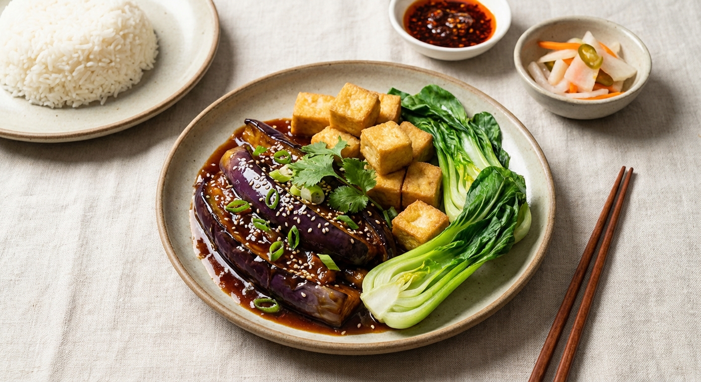 Chinese-Style Braised Eggplant with Crispy Tofu & Bok Choy, Jasmine Rice