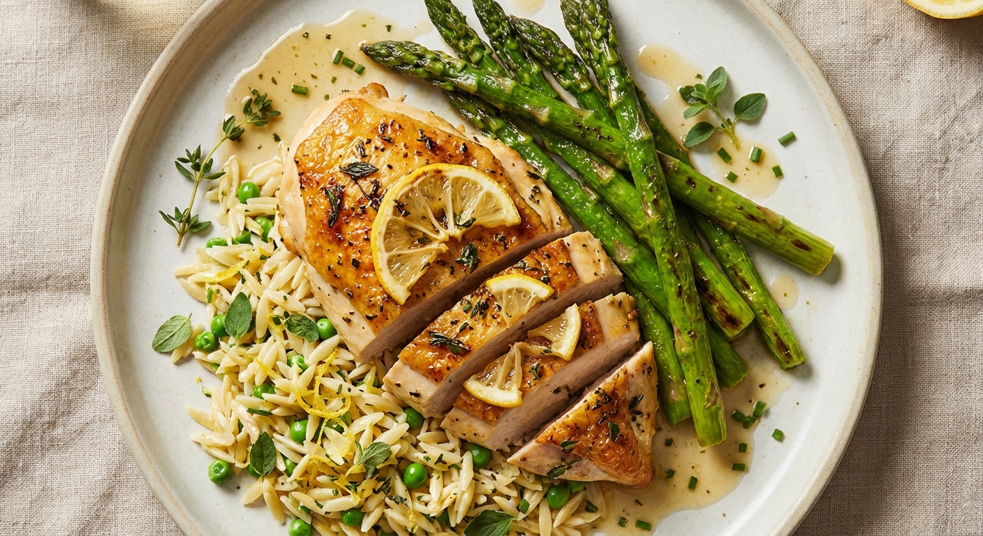Lemon-Herb Roasted Chicken Breast with Orzo Pilaf & Asparagus