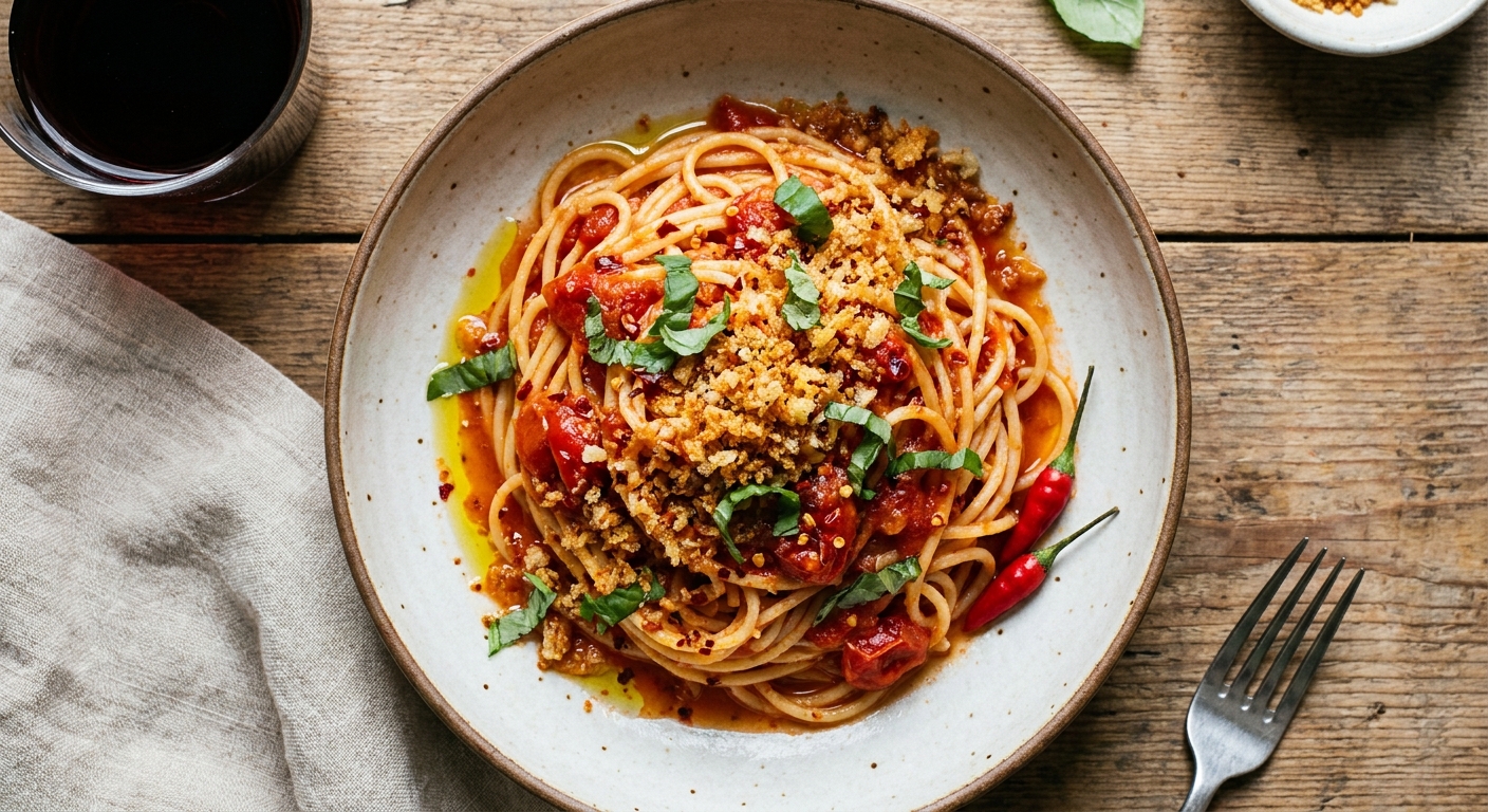 Pantry-Style Spaghetti all'Arrabbiata with Crispy Garlic Breadcrumbs