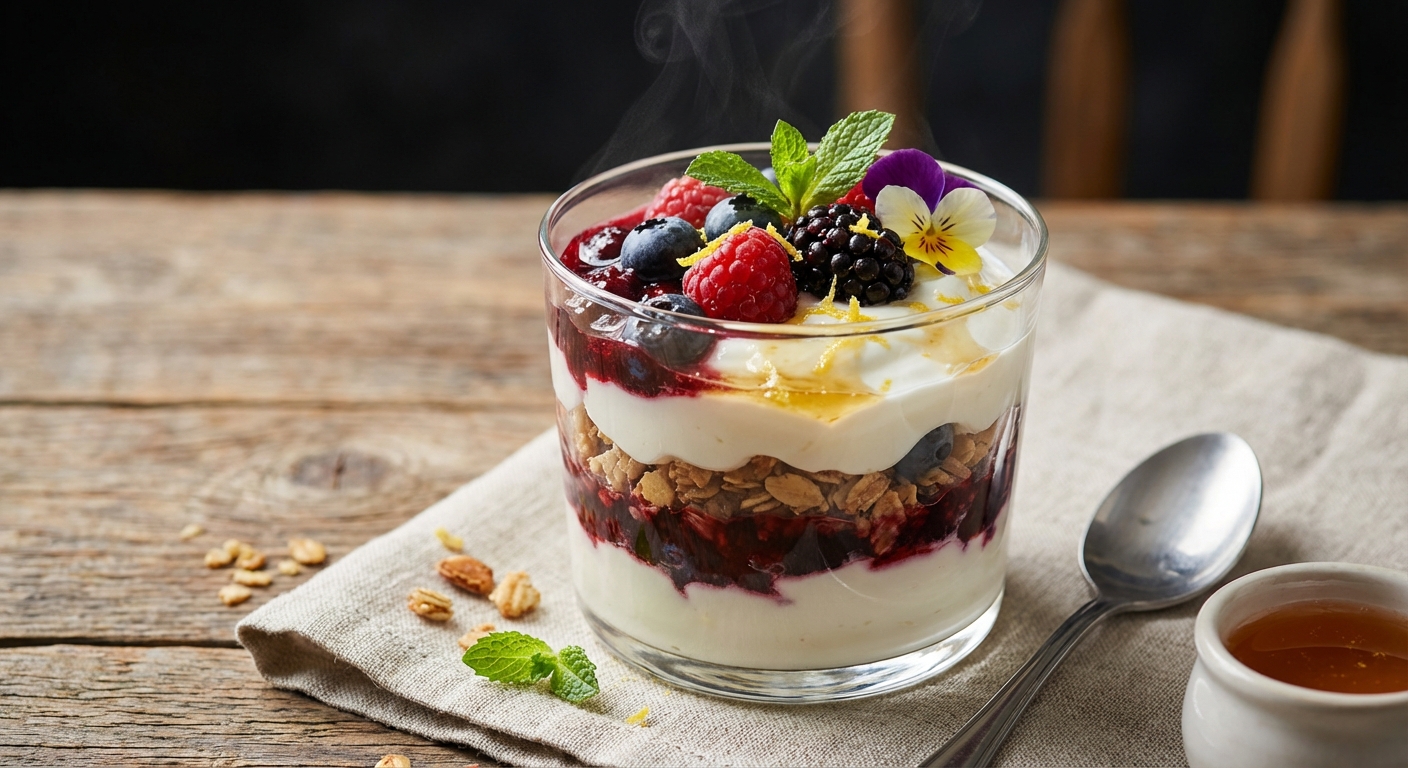 Honey-Lemon Greek Yogurt Parfait with Warm Berry Compote & Toasted Almond Granola