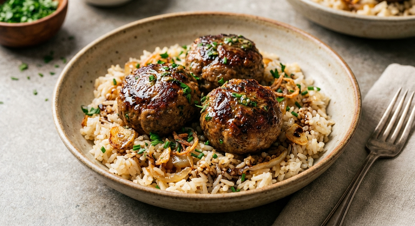 Pan-Seared Beef Meatballs with Caramelized Onion Garlic-Butter Rice