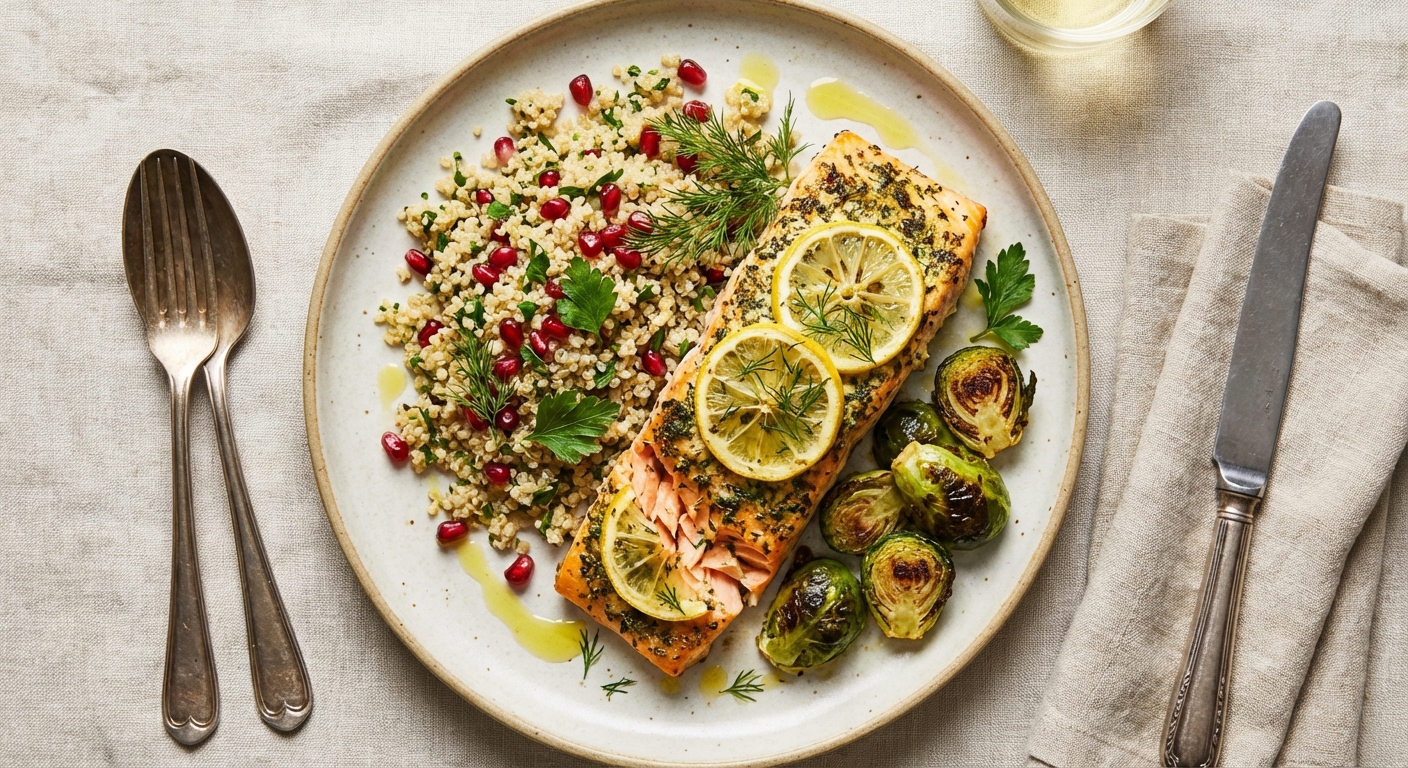 Baked Lemon-Herb Salmon, Quinoa & Roasted Brussels Sprouts