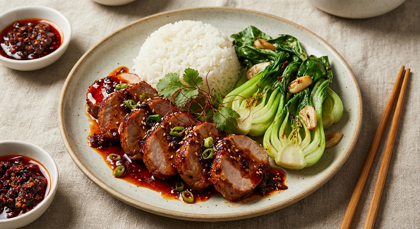 Szechuan-Glazed Pork Tenderloin with Jasmine Rice & Quick Stir-Fried Baby Bok Choy