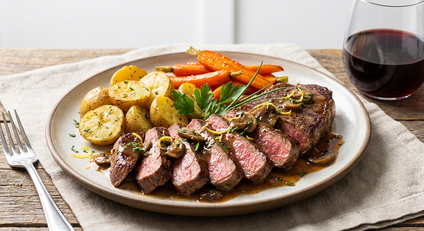 Pan-Seared Sirloin with Mushroom–Sherry Pan Sauce, Lemon-Herb Roasted Potatoes & Honey-Roasted Carrots (Low-Sodium, Kidney-Friendly) - Delicious Homemade Recipe