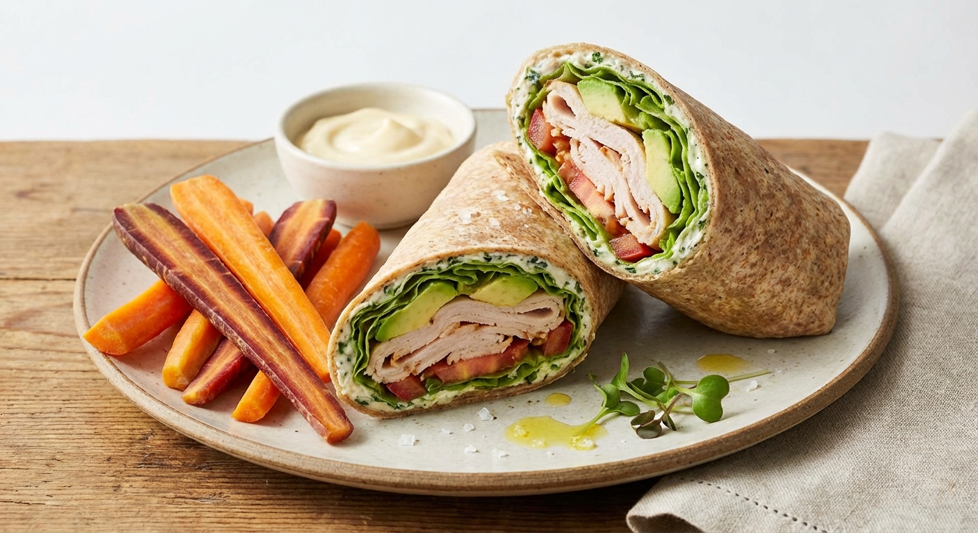 Turkey & Avocado Whole-Wheat Wrap with Carrot Sticks