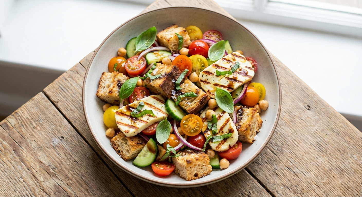 Panzanella Salad with Grilled Halloumi & Chickpeas