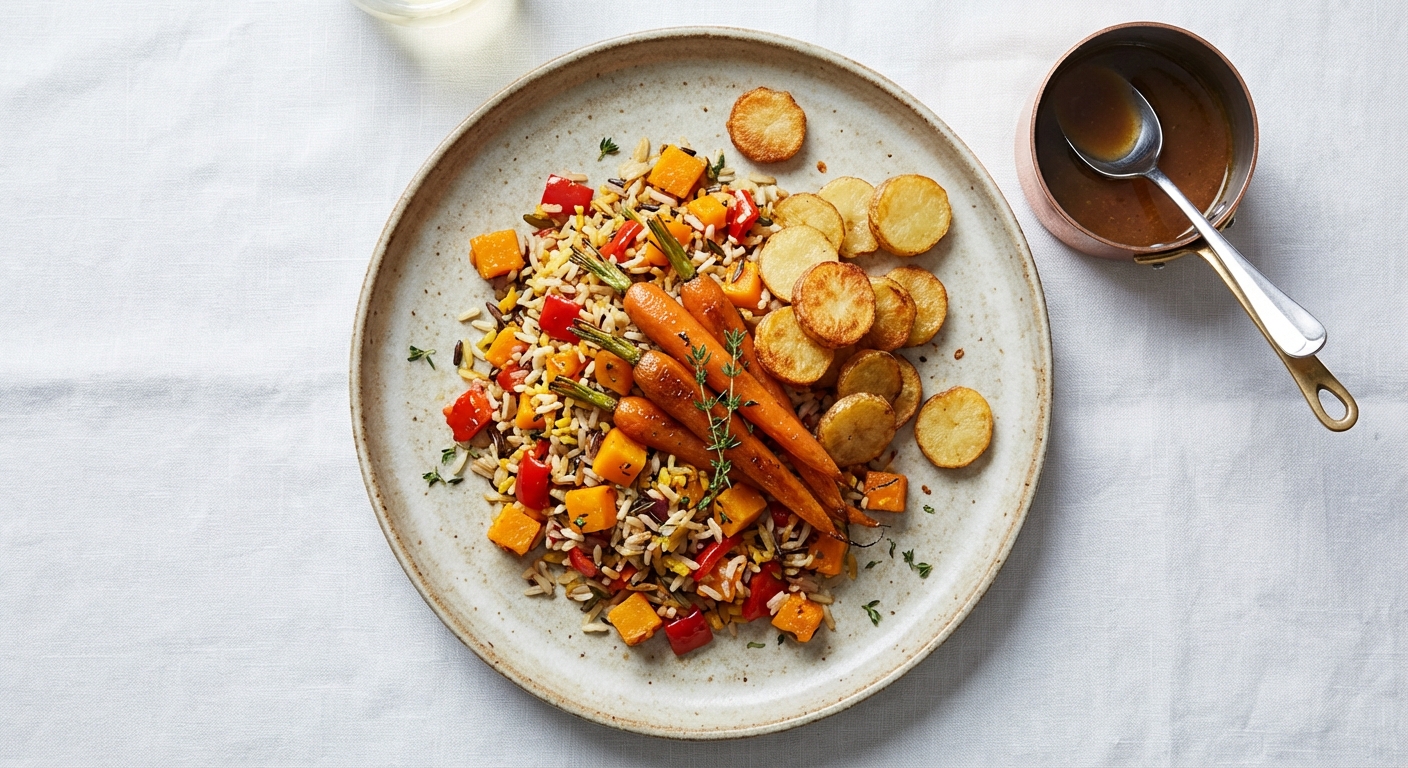 Roasted Butternut & Bell Pepper Rice Pilaf with Brown-Butter Carrots and Crispy Potato Rounds