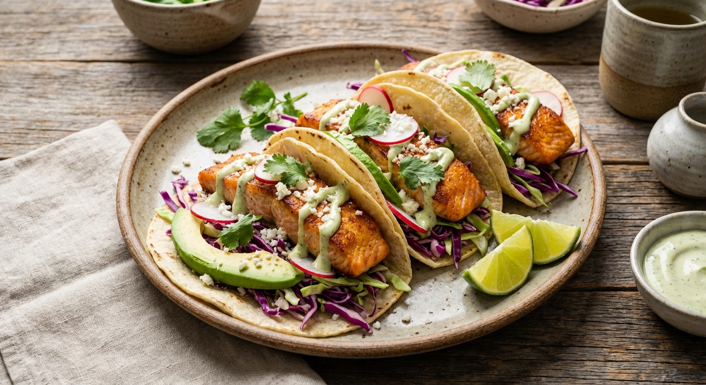 Pan-seared Salmon Tacos with Cabbage Slaw & Lime Crema