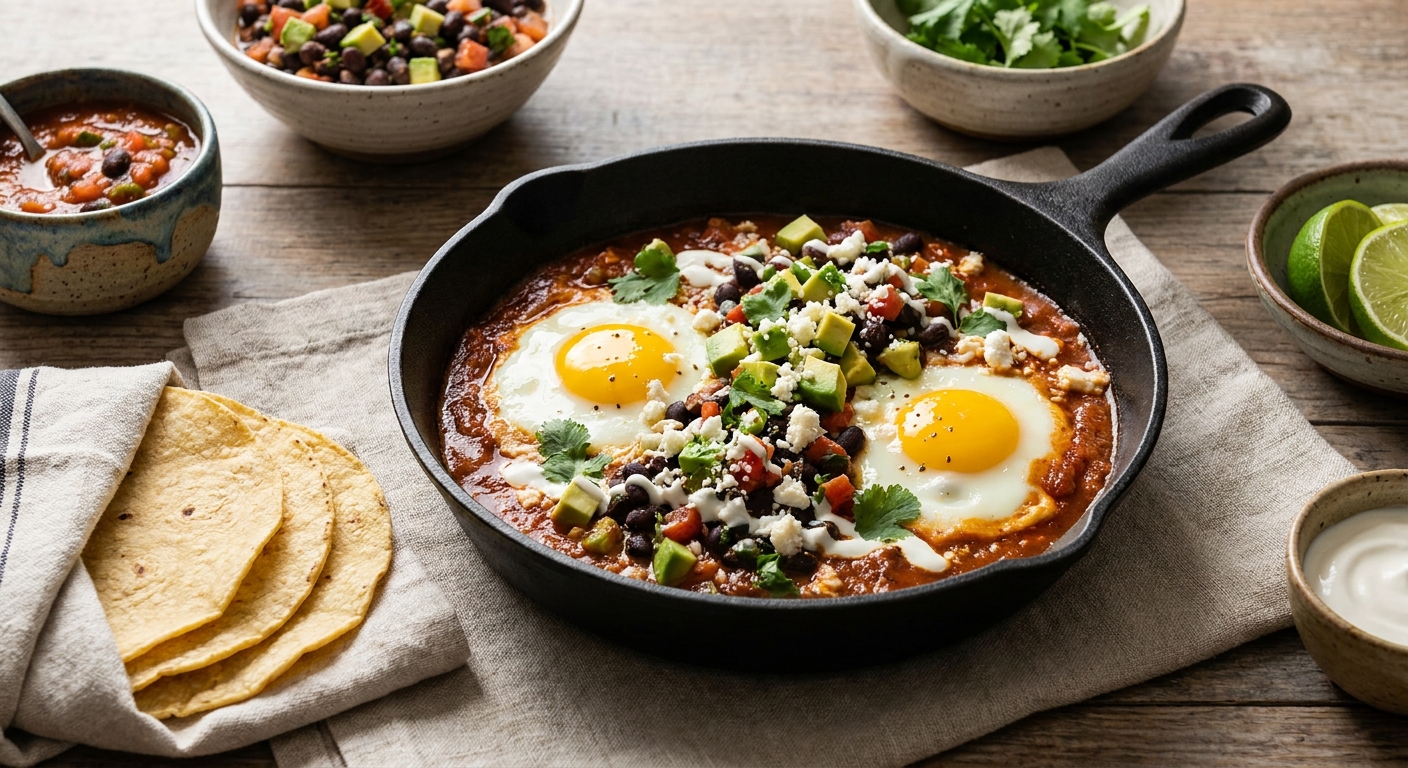 Skillet Huevos Rancheros with Black Bean Salsa and Warm Corn Tortillas