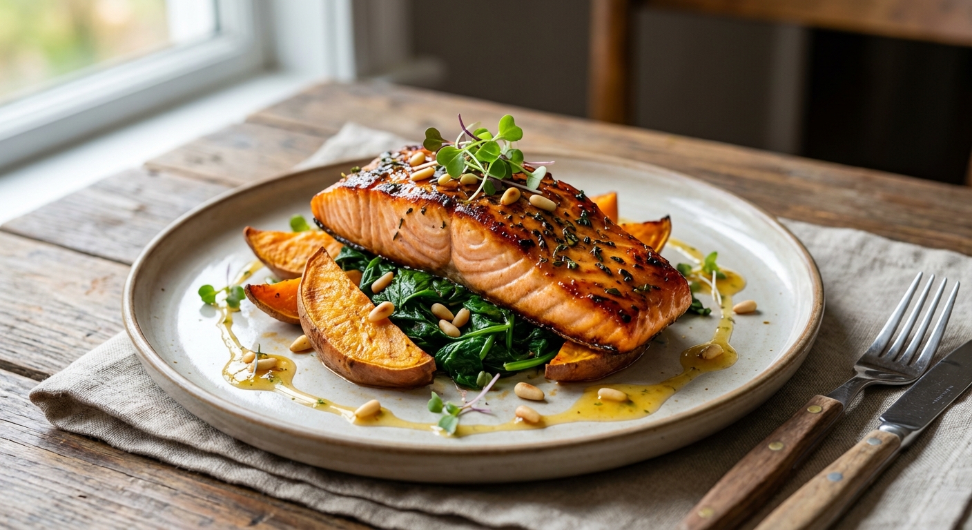 Baked Salmon with Roasted Sweet Potato and Sautéed Spinach