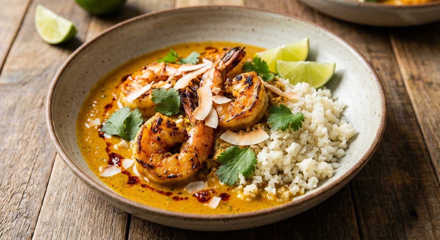 Coconut-Curry Prawns with Cauliflower Rice & Cilantro