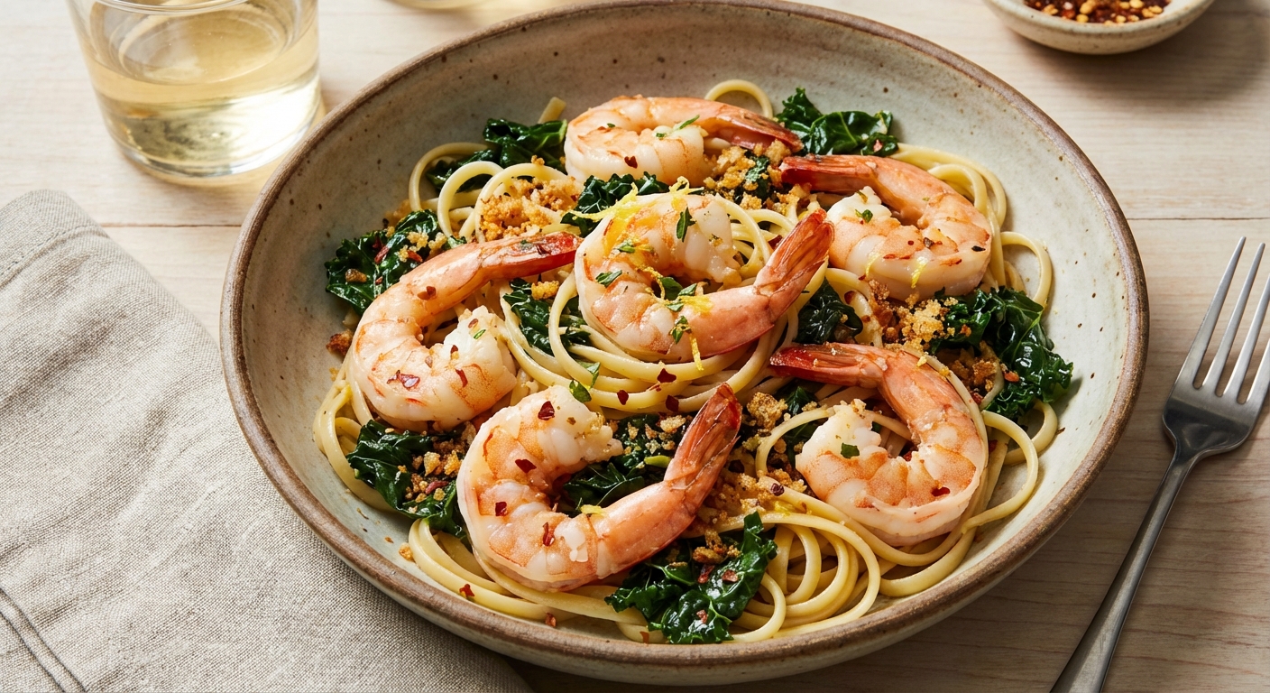 Garlic‑Steamed Shrimp Linguine with Wilted Kale, Lemon & Crushed Chile