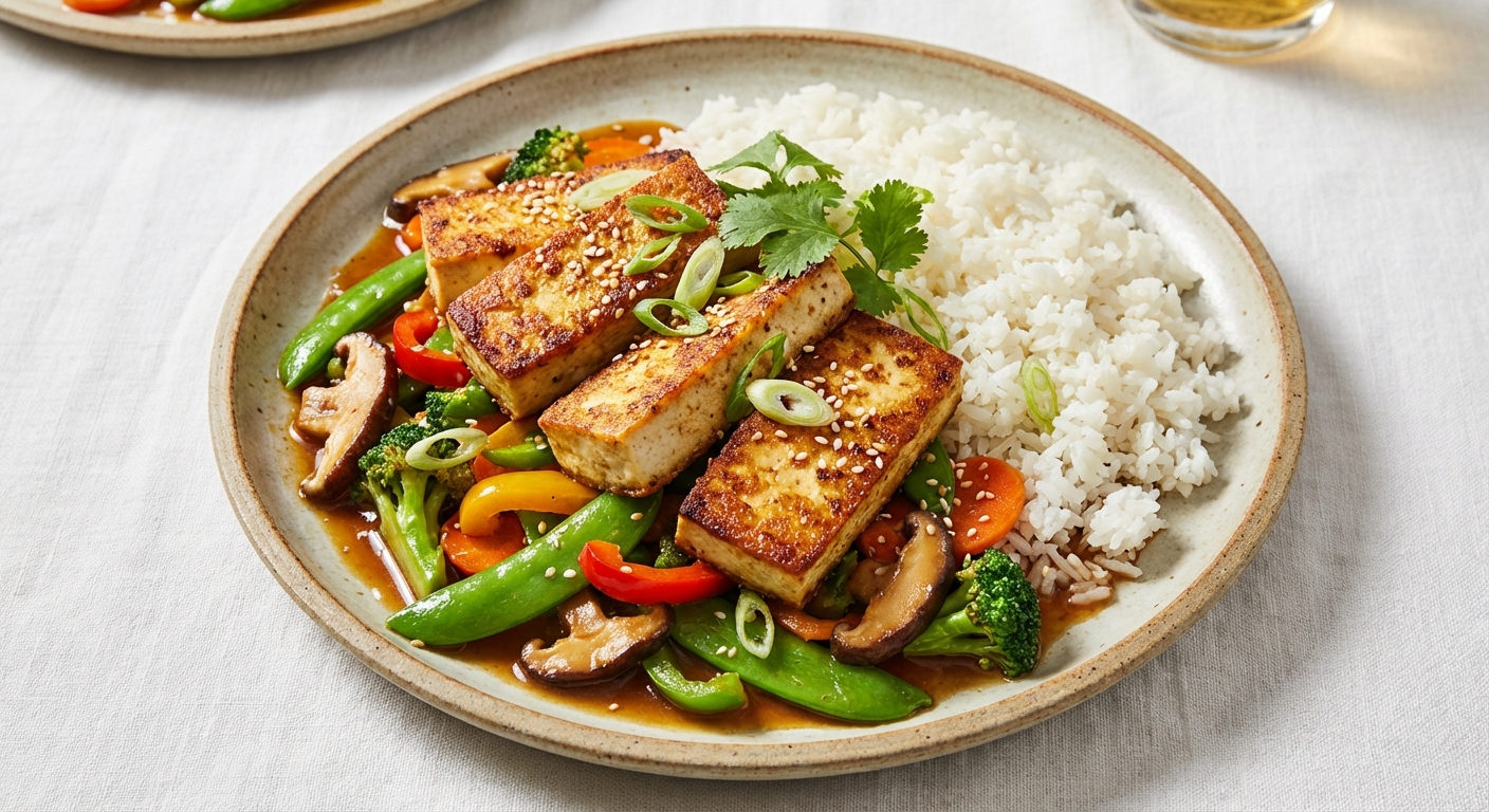 Crispy Pan-Seared Tofu & Vegetable Stir-Fry with Jasmine Rice
