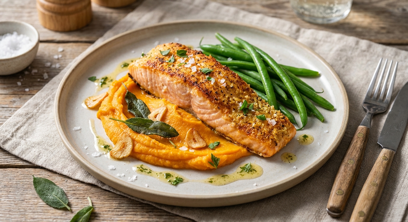 Baked Salmon with Garlic–Sage Sweet Potato Mash & Steamed Green Beans