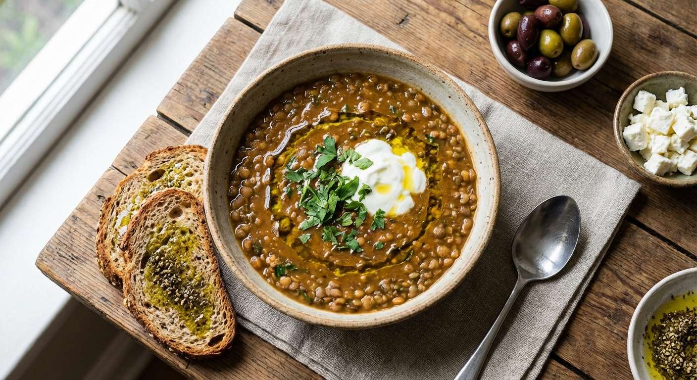 Hearty Mediterranean Lentil Soup with Toasted Whole-Grain Bread