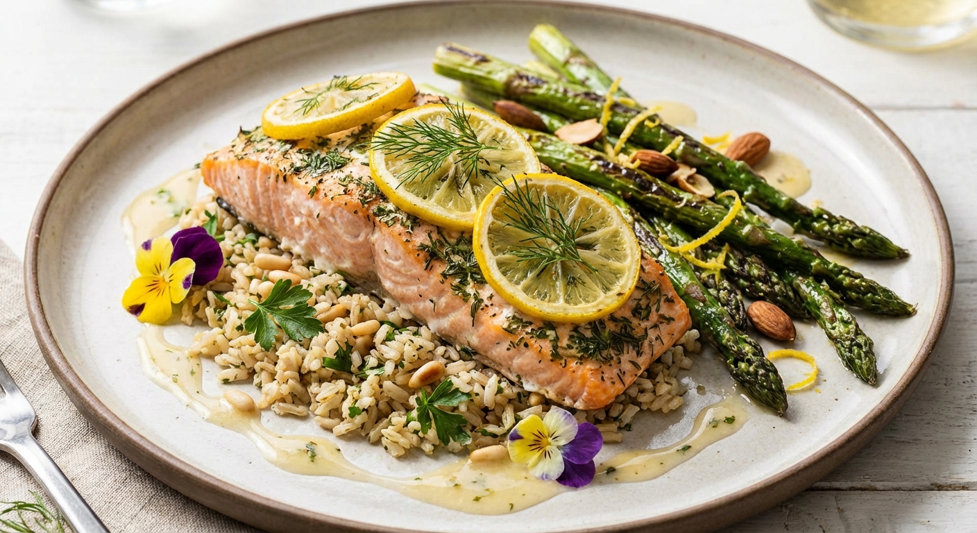 Baked Lemon-Dill Salmon with Herbed Brown Rice & Roasted Asparagus