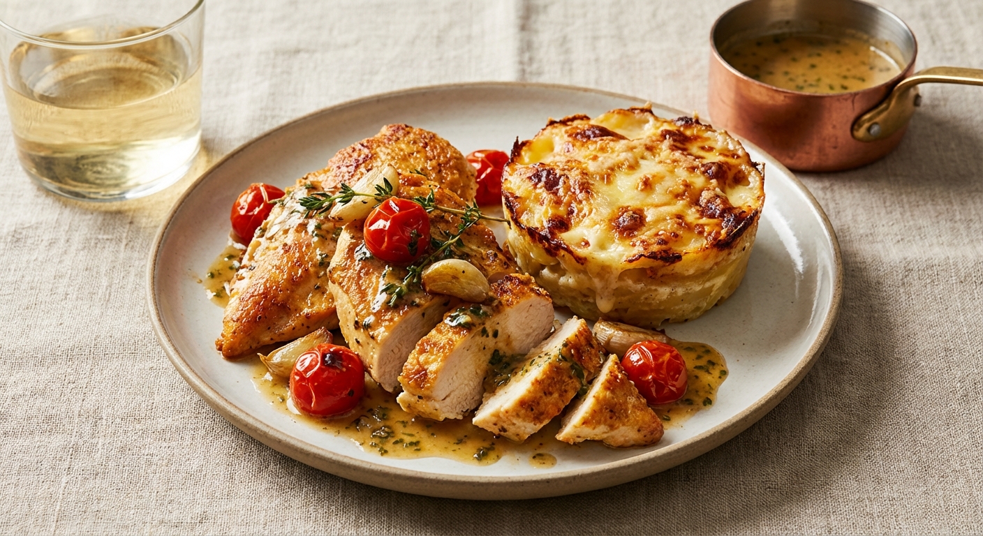 Pan-Seared Garlic Chicken with Cheesy Potato Gratin (French-American Comfort)