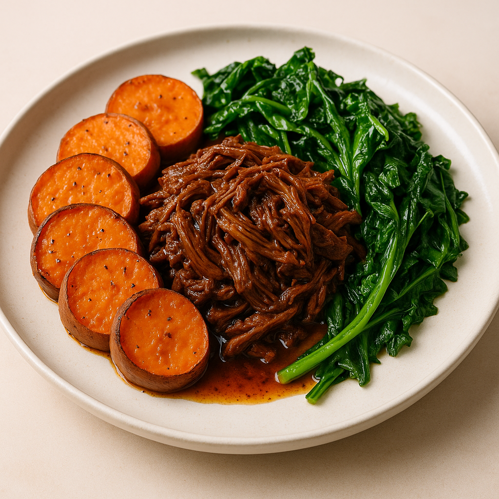 Beef Barbacoa with Roasted Sweet Potatoes & Sautéed Greens